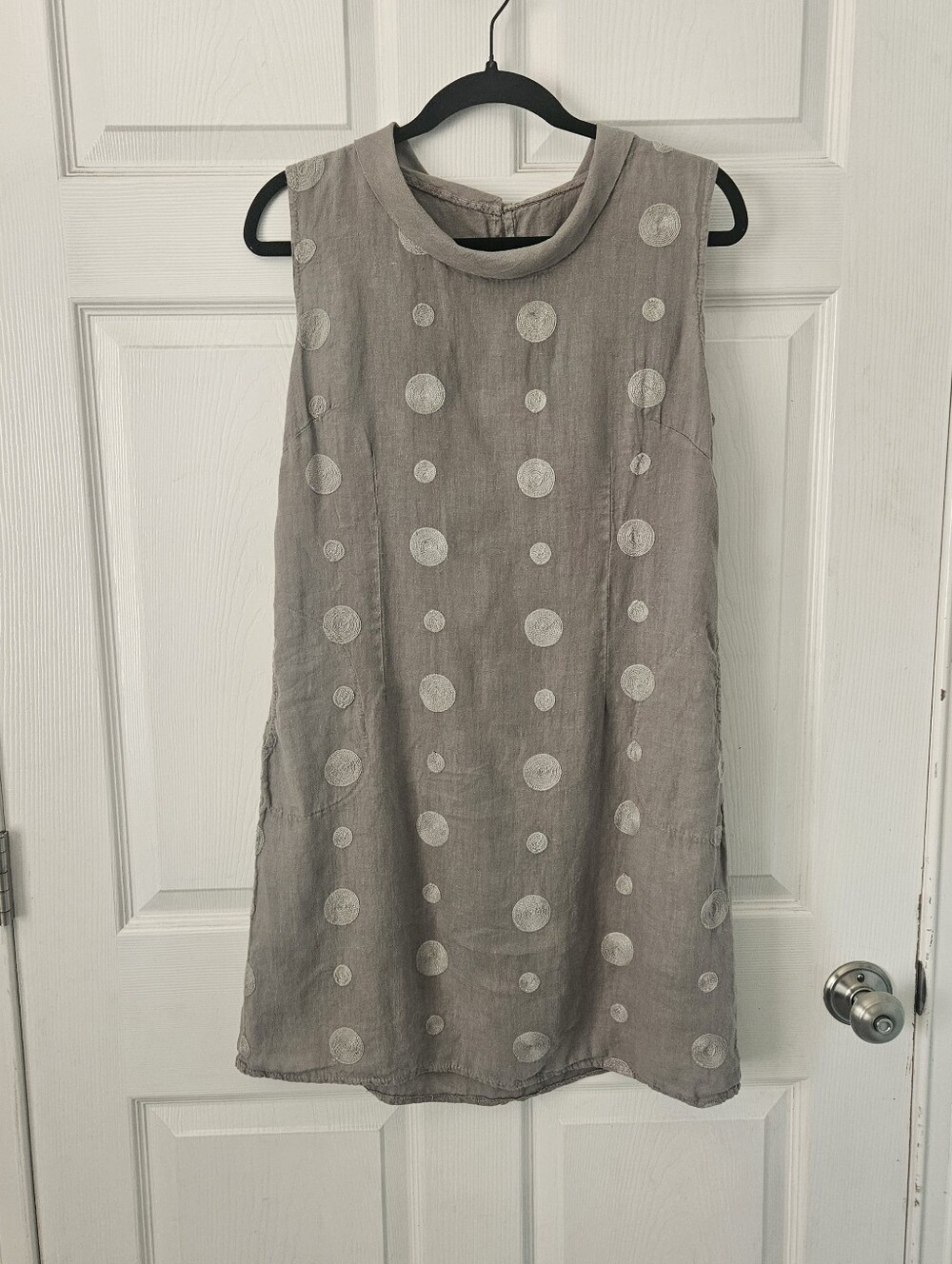 Linen Embroidered Polka Dot Grey Taupe Shift Dress Fairy Grunge Lagenlook Sz M